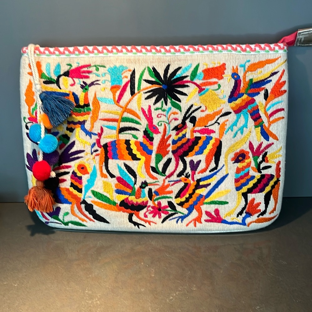Colorful Otomi Embroidered Clutch with Pom Poms